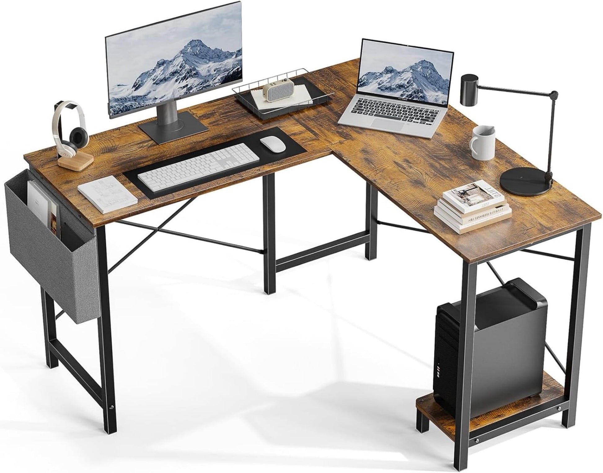 AENKYO 50" Reversible L-Shaped Computer Desk with Storage Bag & CPU Stand, Corner Desk for Home Office or Gaming, Rustic Brown
