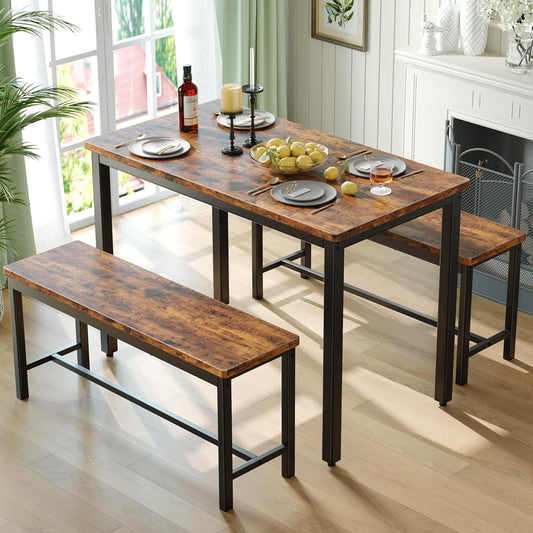 AENKYO Dining Table Set for 4, 3-Piece Kitchen Table with 2 Benches, Space-Saving Dining Room Set for Breakfast Nook and Small Spaces,Brown