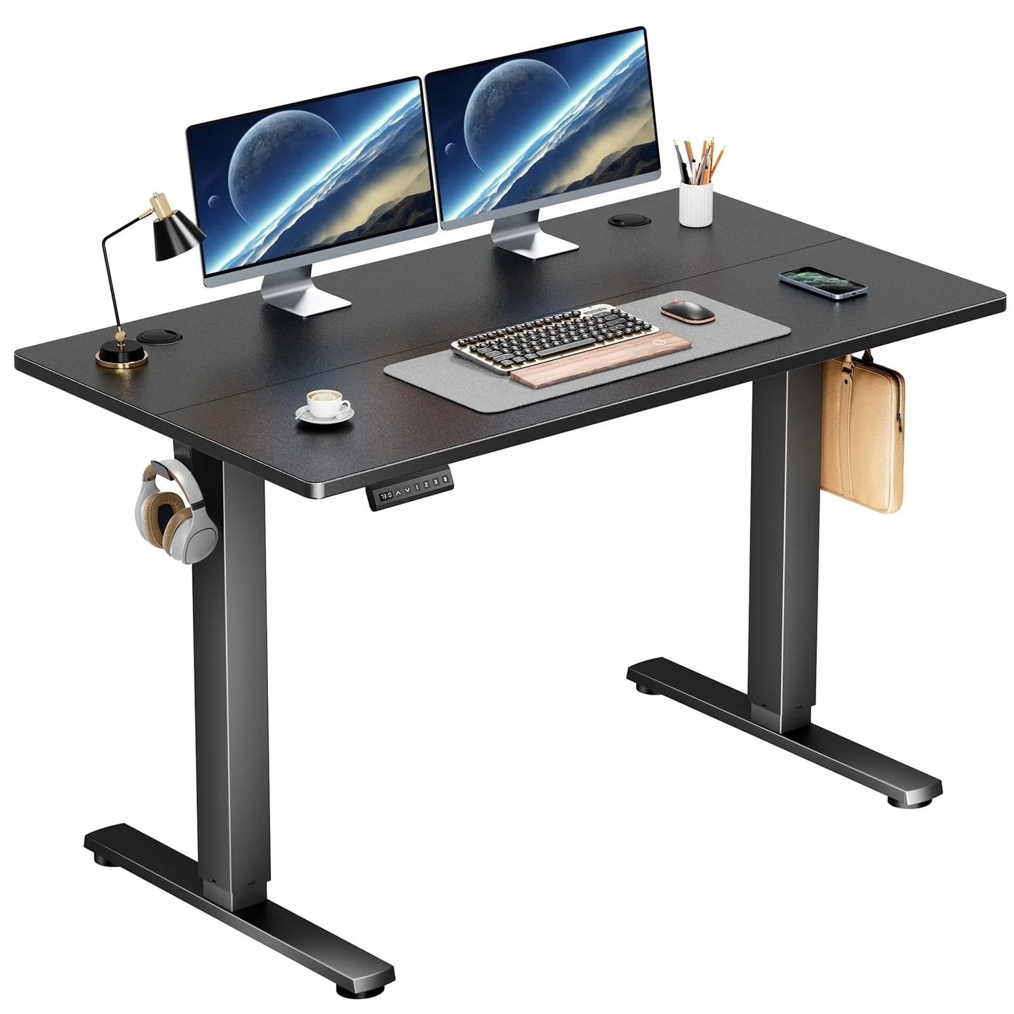 AENKYO Electric Height Adjustable Standing Desk with T-Shaped Metal Frame, Ergonomic Home Office Workstation for Computer, Modern Sit to Stand Deskï¼ŒBlack