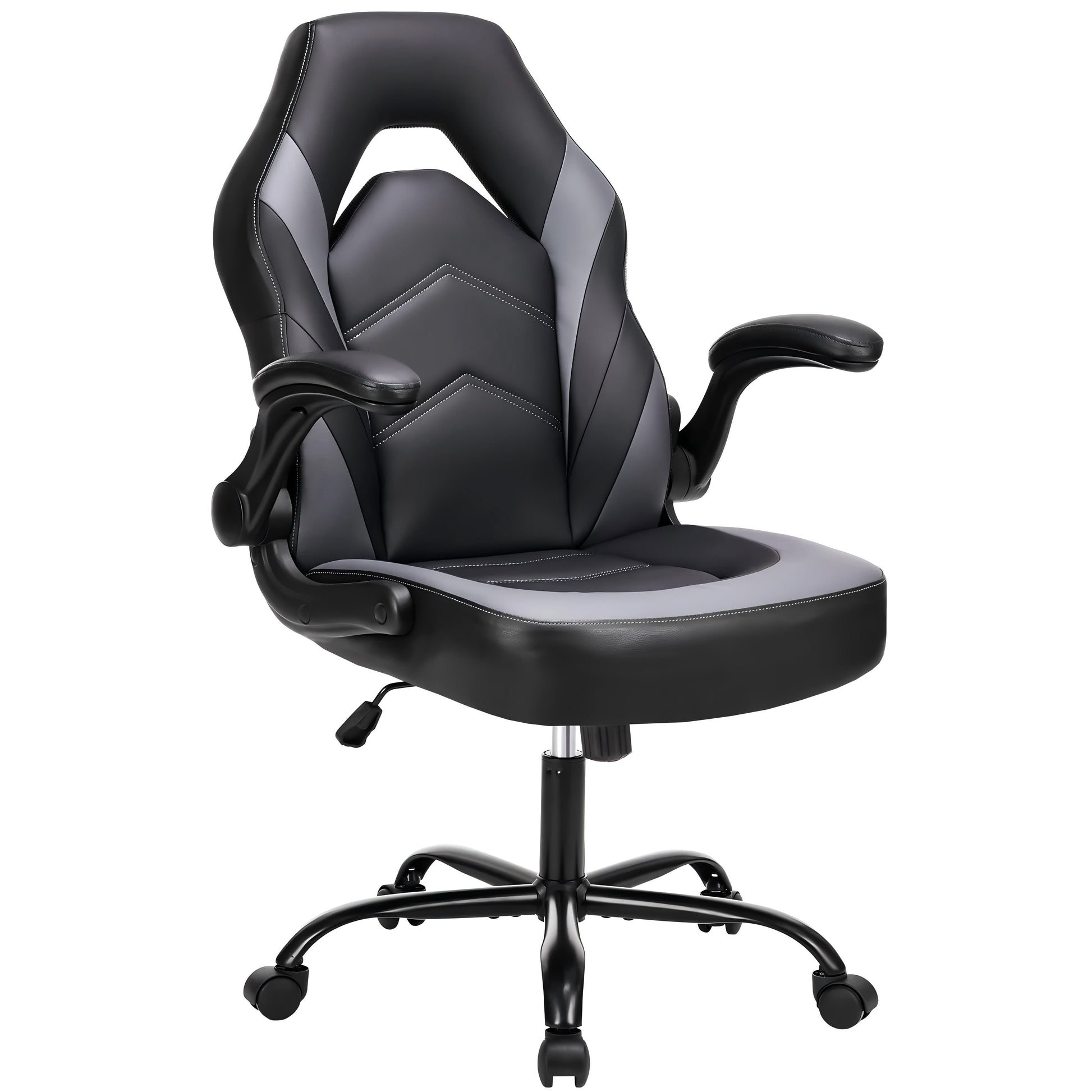 AENKYO Gaming Chair, Computer Chair Ergonomic Office Chair PU Leather Desk Chair Executive Adjustable Swivel Task Chair with Flip-up Armrest, Gray