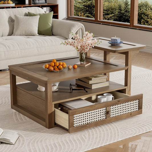 AENKYO Rustic Coffee Table with Rattan Drawer & Shelf - Modern Living Room End Table, Easy Assembly, Natural Color