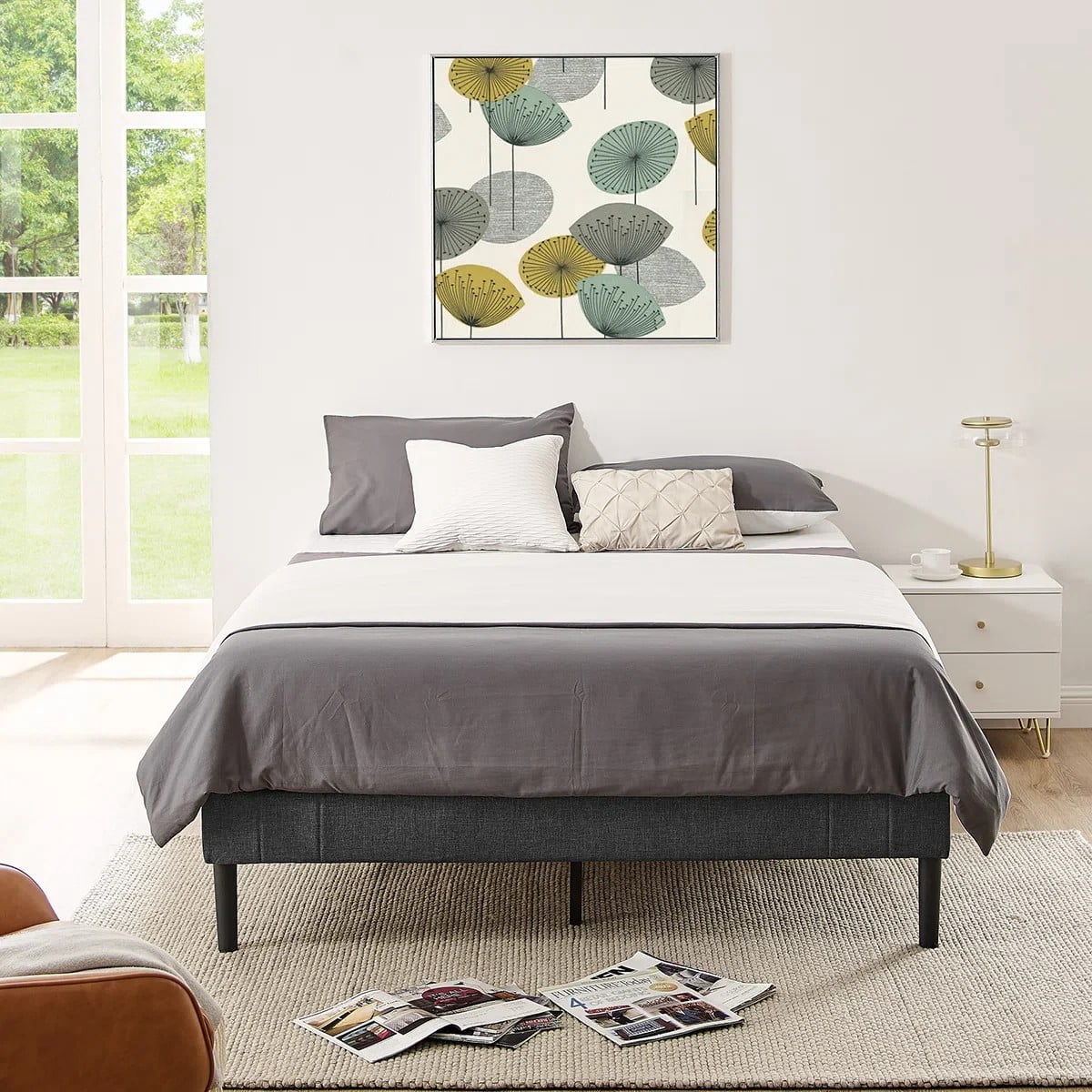AENKYO Upholstered Platform Bed Frame with Wooden Slat Support, Twin
