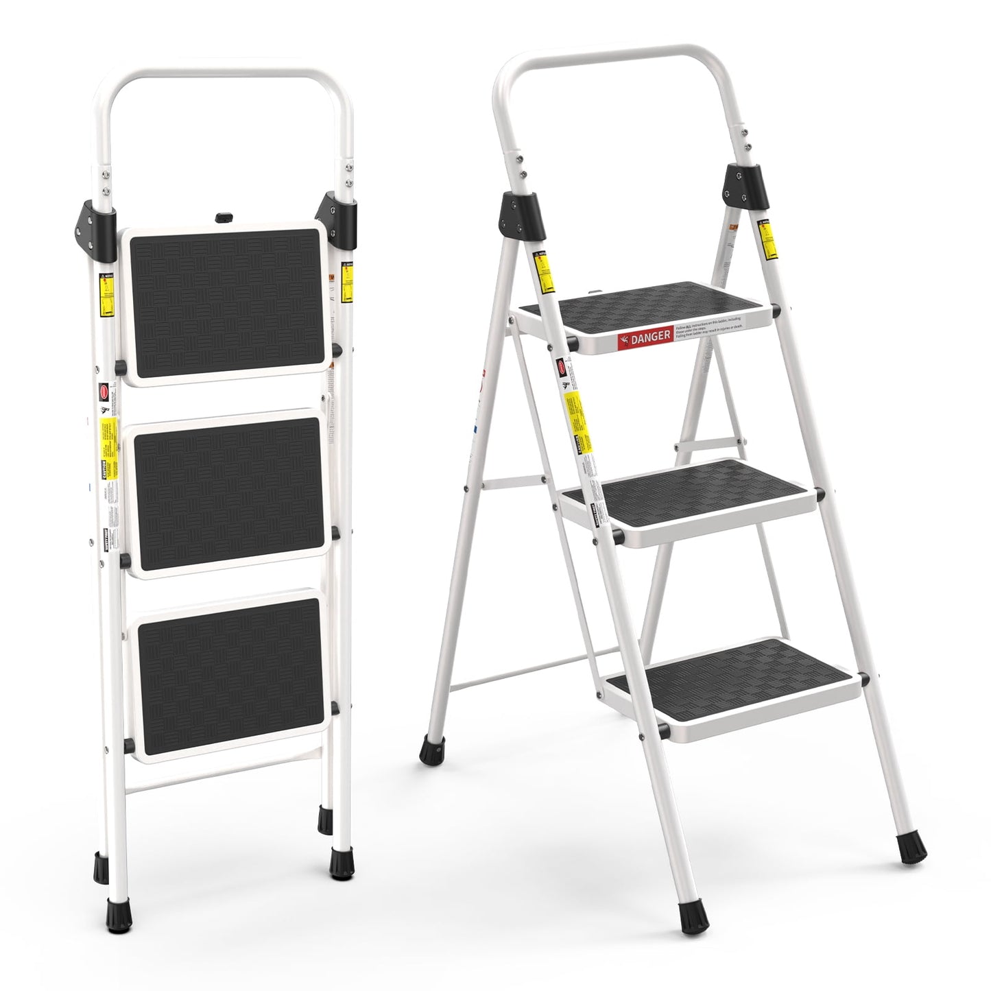 ASoopher 3 Step Ladder with Anti-Slip Pedal, Sturdy Steel Step Stool for Kitchen, White
