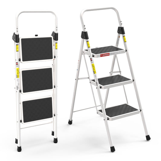 ASoopher 3 Step Ladder with Anti-Slip Pedal, Sturdy Steel Step Stool for Kitchen, White