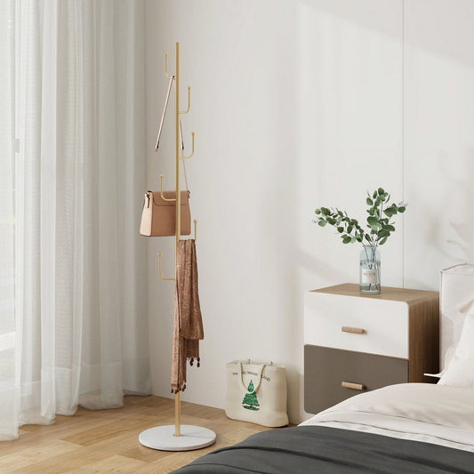 Abble Coat Rack 6 Hooks 64.5 in Freestanding Metal Coat Rack Coat and Hat Hanger Organizer Rack Garment Stand with White Stone Base for Home, Office, Entryway, Hallway, Gold