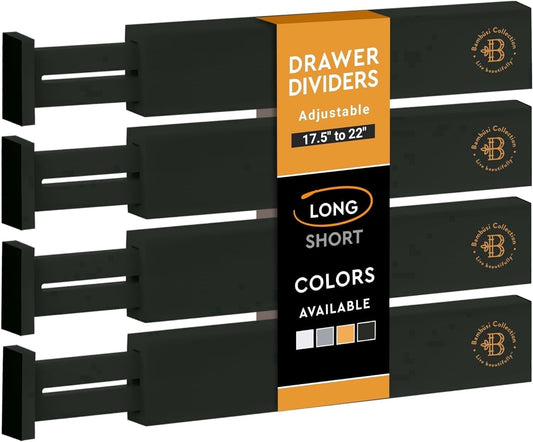 Bamboo Drawer Dividers 4 Pack, Adjustable Drawer Dividers and Organizer, Expandable Dresser Drawer Organizers Black