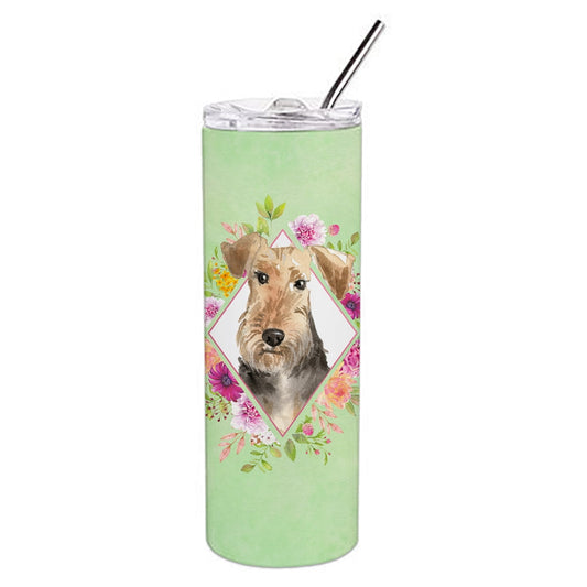 Airedale Terrier Green Flowers Double Walled Stainless Steel 20 oz Skinny Tumbler