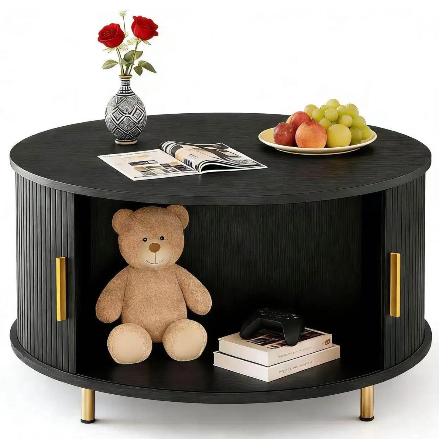 Aisword Round Coffee Table with 360Â° Sliding Door, Fluted Accent Coffee Table with Storage Adjustable Footpads for Living Room, Yellow