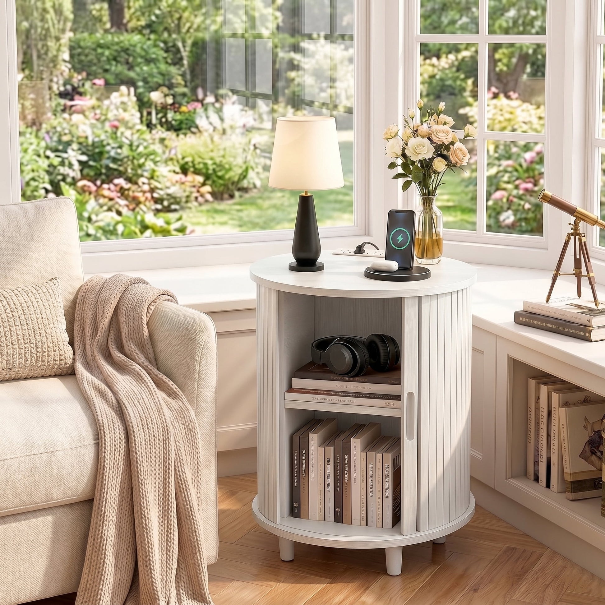 AISWORD Round End Table with Charging Station, Fluted Accent Side Table with Sliding Door and Adjustable Shelf, Nightstand for Small Space, White