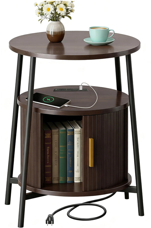 AISWORD Nightstand with Charging Station, Modern Round Bedside Table with Sliding Door Storage, Walnut
