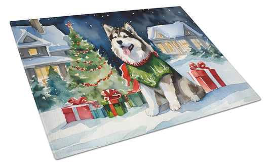 Alaskan Malamute Cozy Christmas Glass Cutting Board Large 12 in x 15 in