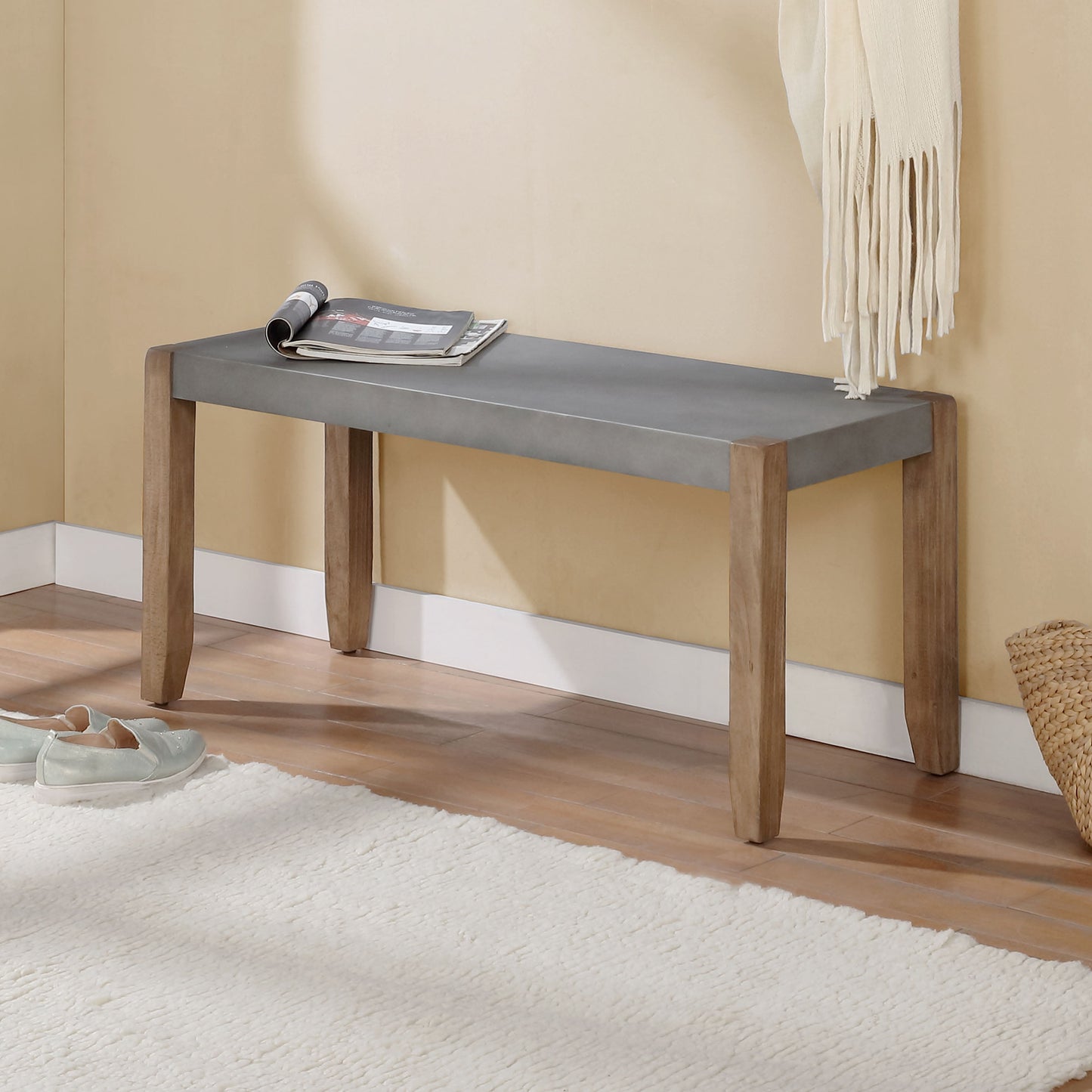 Alaterre Furniture Newport Bench with Faux Concrete Seat and Wood Legs - 40 Inch Entryway Bench with Rustic Industrial Design - Benches for Bedroom, Living Room, Dining Room, and Mudroom
