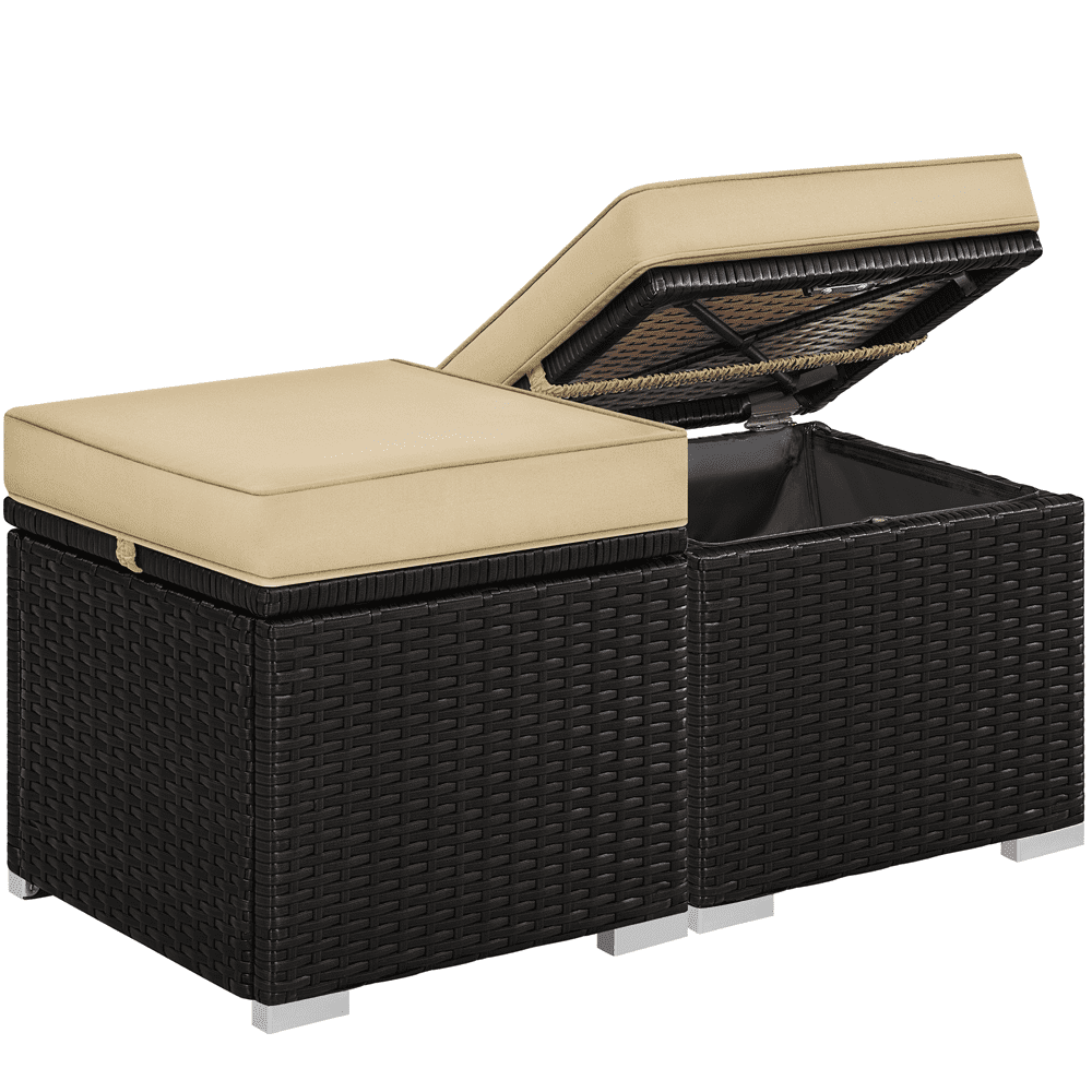 Alden Design 2pcs Resin Wicker Ottomans with Cushion & Hidden Storage for Garden, Brown/Khaki