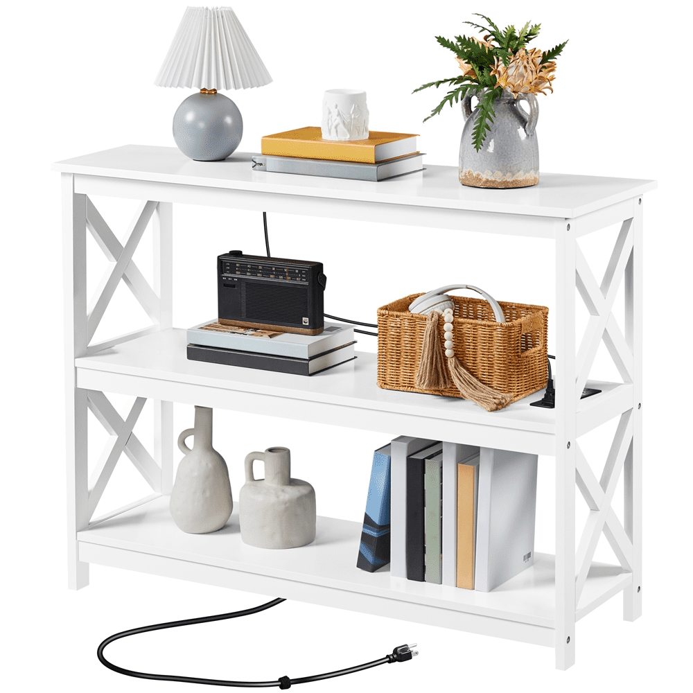 Alden Design 3-Tier Wooden Console Table with Power Outlet for Living Room, White