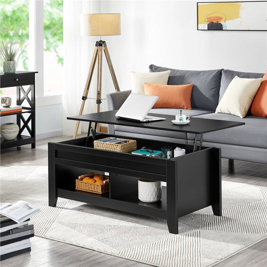 Alden Design Mesa de Centro Elevable de 47.5" con 2 Compartimentos de Almacenamiento para Sala de Estar, Negra