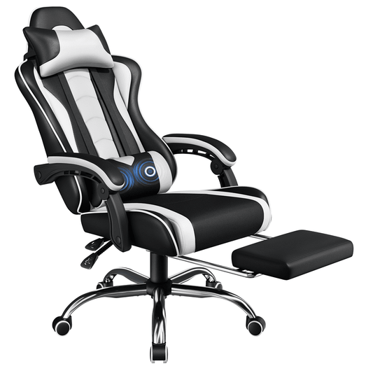 Alden Design Ergonomic High Back Gaming Chair with Massage Lumbar Pillow, Black/White