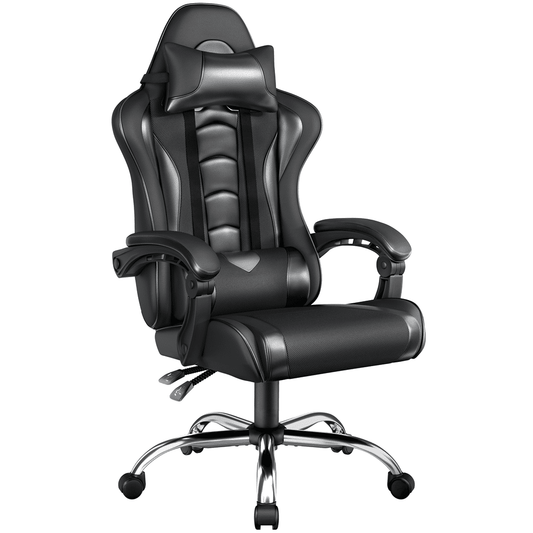 Alden Design PU Leather Ergonomic Gaming Chair with Removable Head Pillow, Full Black