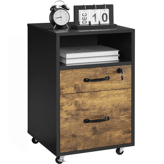 Alden Design Rolling Wooden File Cabinet with 2 Drawers and Shelf, Black/Rustic Brown