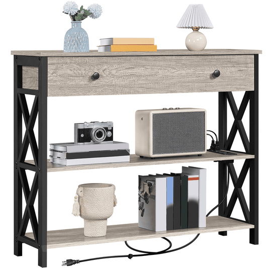 Alden Design Vintage Wood Console Table with Power Outlet & 1 Drawer for Entryway, Rustic Brown