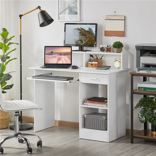Alden Design Wooden Home Office Computer Desk with Drawers and Keyboard Tray, White