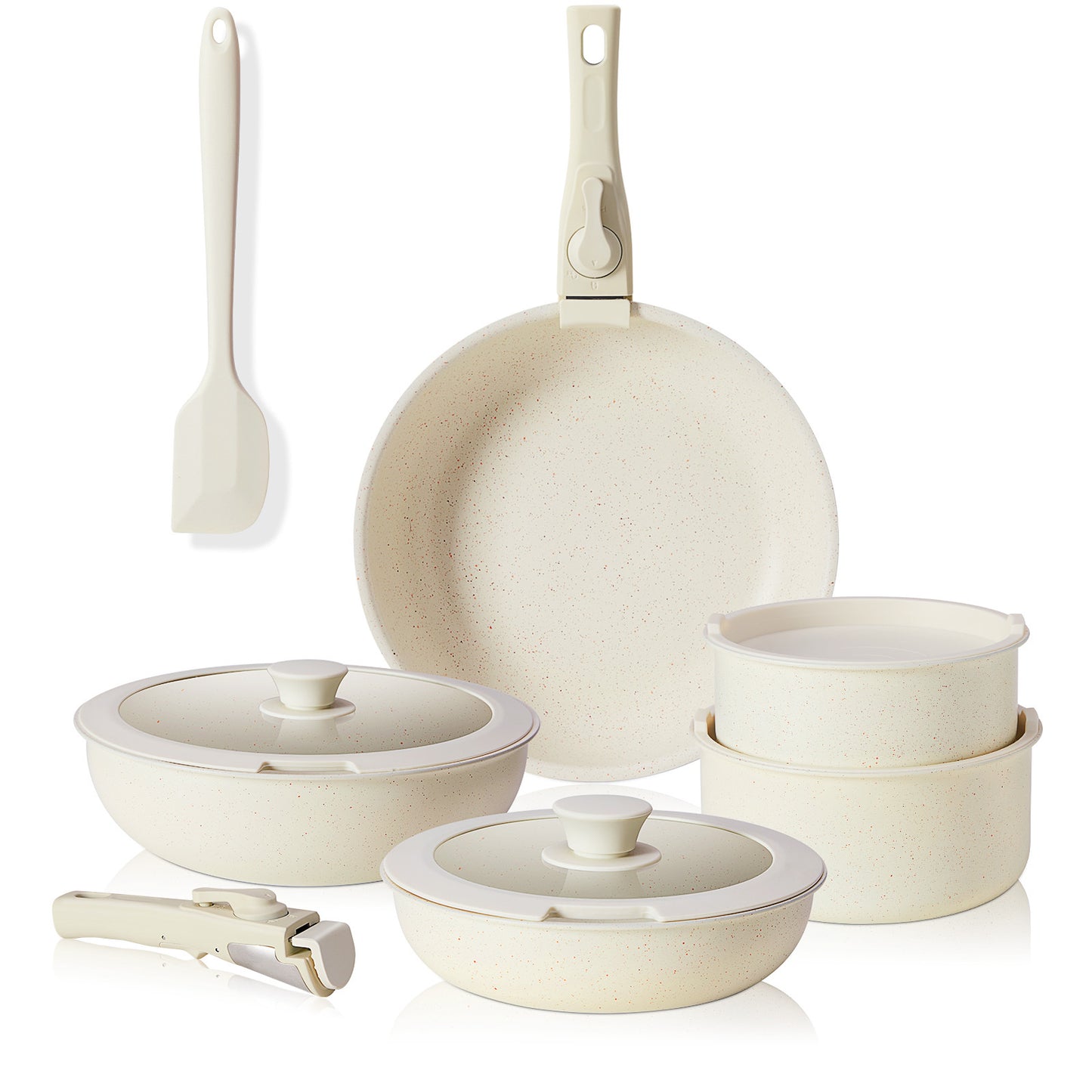 Alvantor 12-Piece Non-Stick Cookware Set, Granite Pots and Pans with Detachable Handles for All Stovetops, Space Saving, White