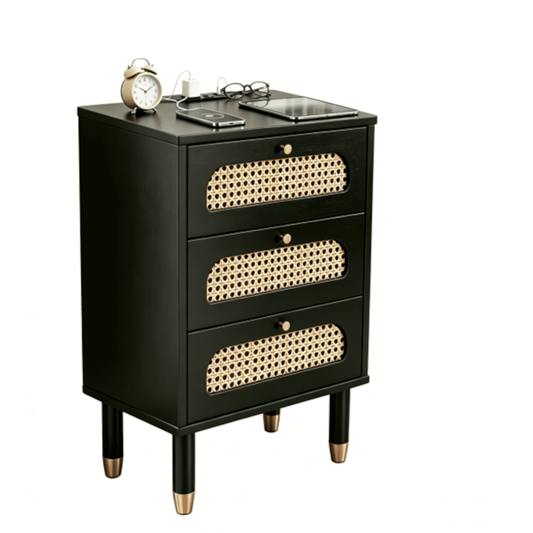 Alvantor 3-Drawer Nightstand with Built-in Charging Station, Black Rattan Accent Fronts, USB Ports and Power Outlet