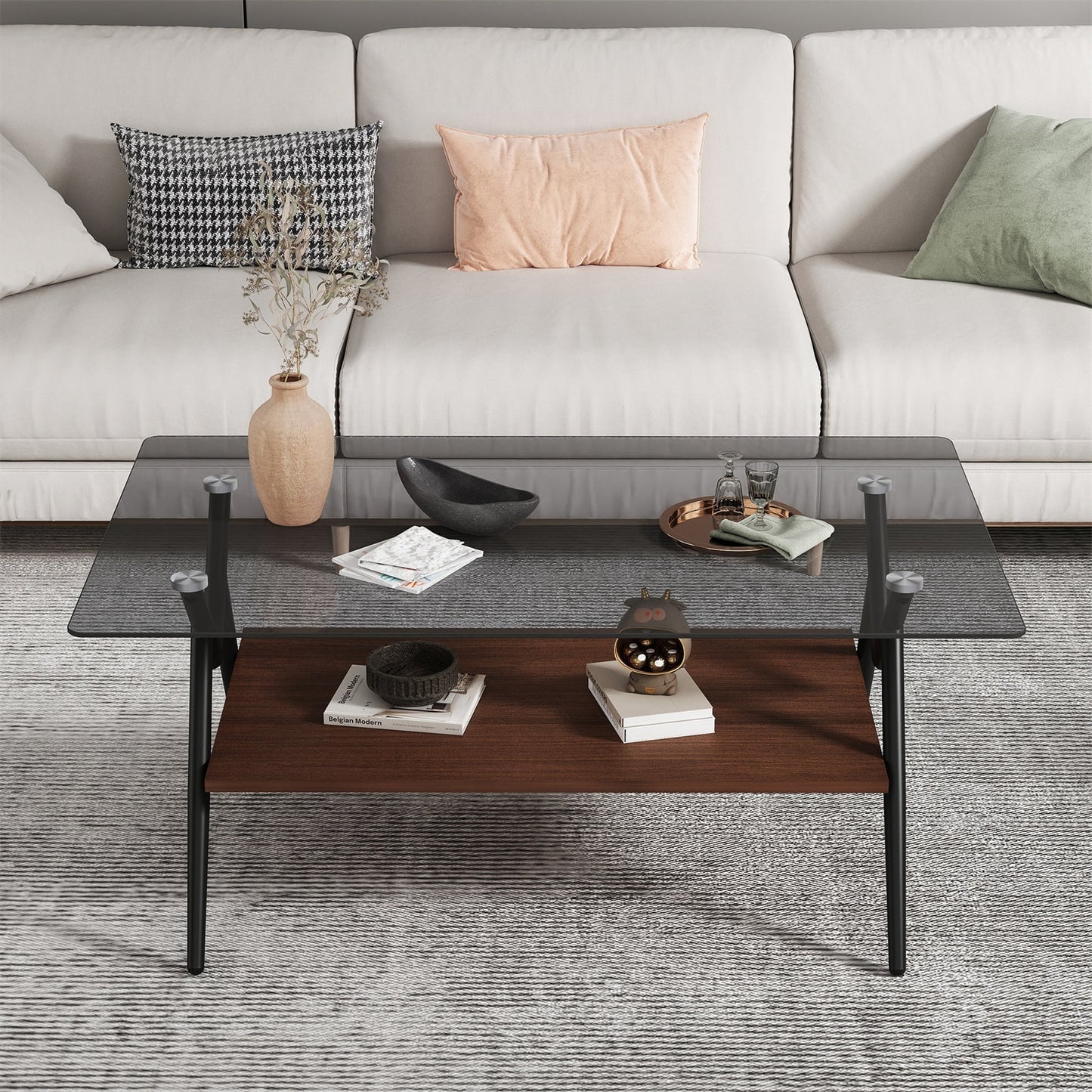 Alvantor Modern Glass Coffee Table, 38.6" with Brown Tempered Top and Metal Legs for Living Room