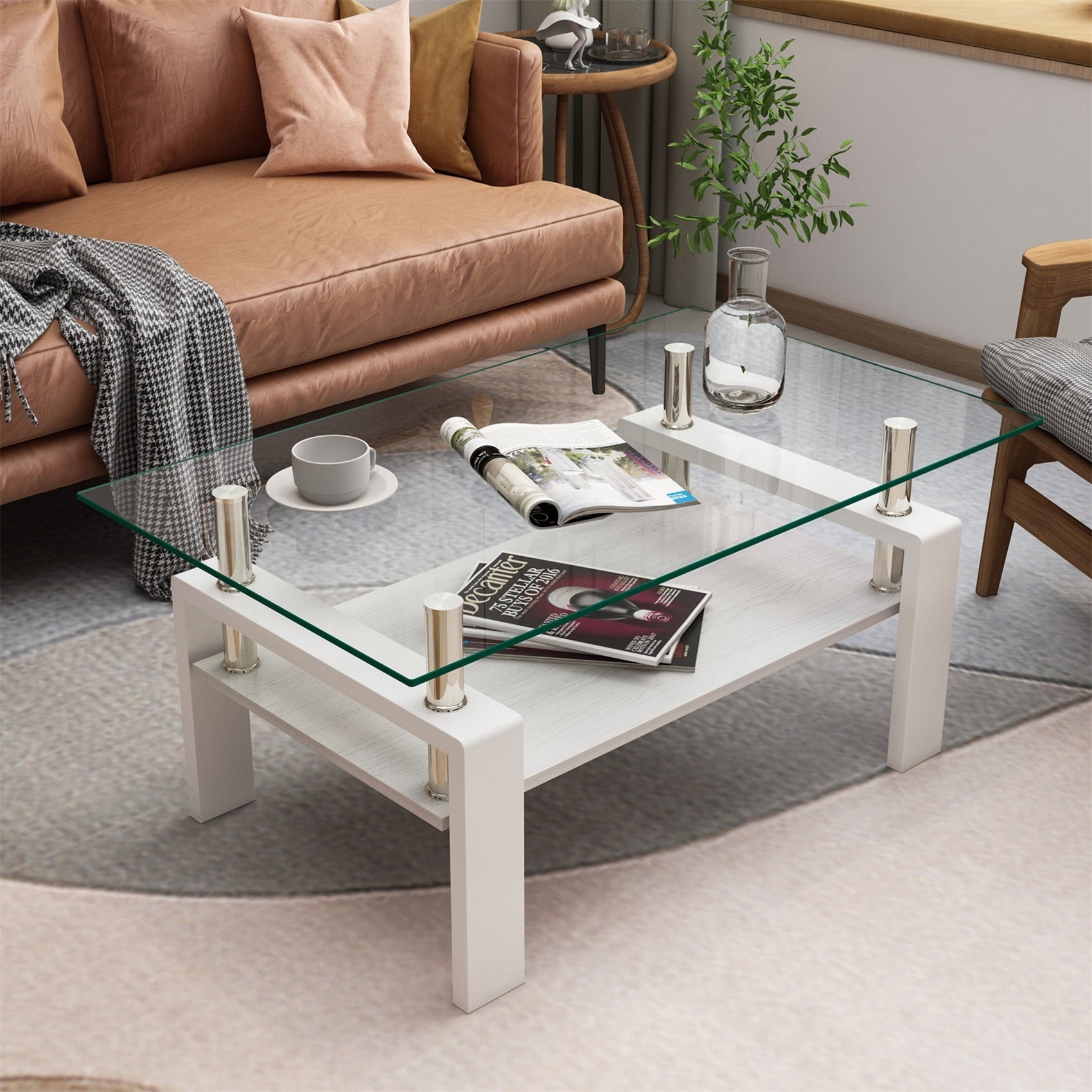 Alvantor Modern Glass Coffee Table with Clear Tempered Glass and MDF Layer, Metal Legs