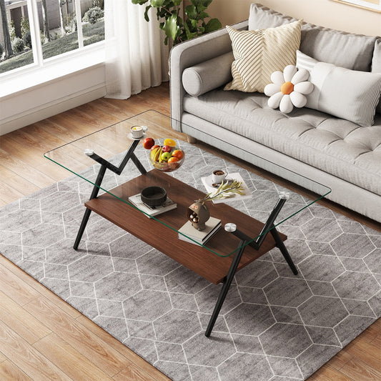Alvantor Glass Coffee Table, 38.6" Rectangular Glass Coffee Table with Clear Tempered Glass Top and Metal Legs for Living Room Black