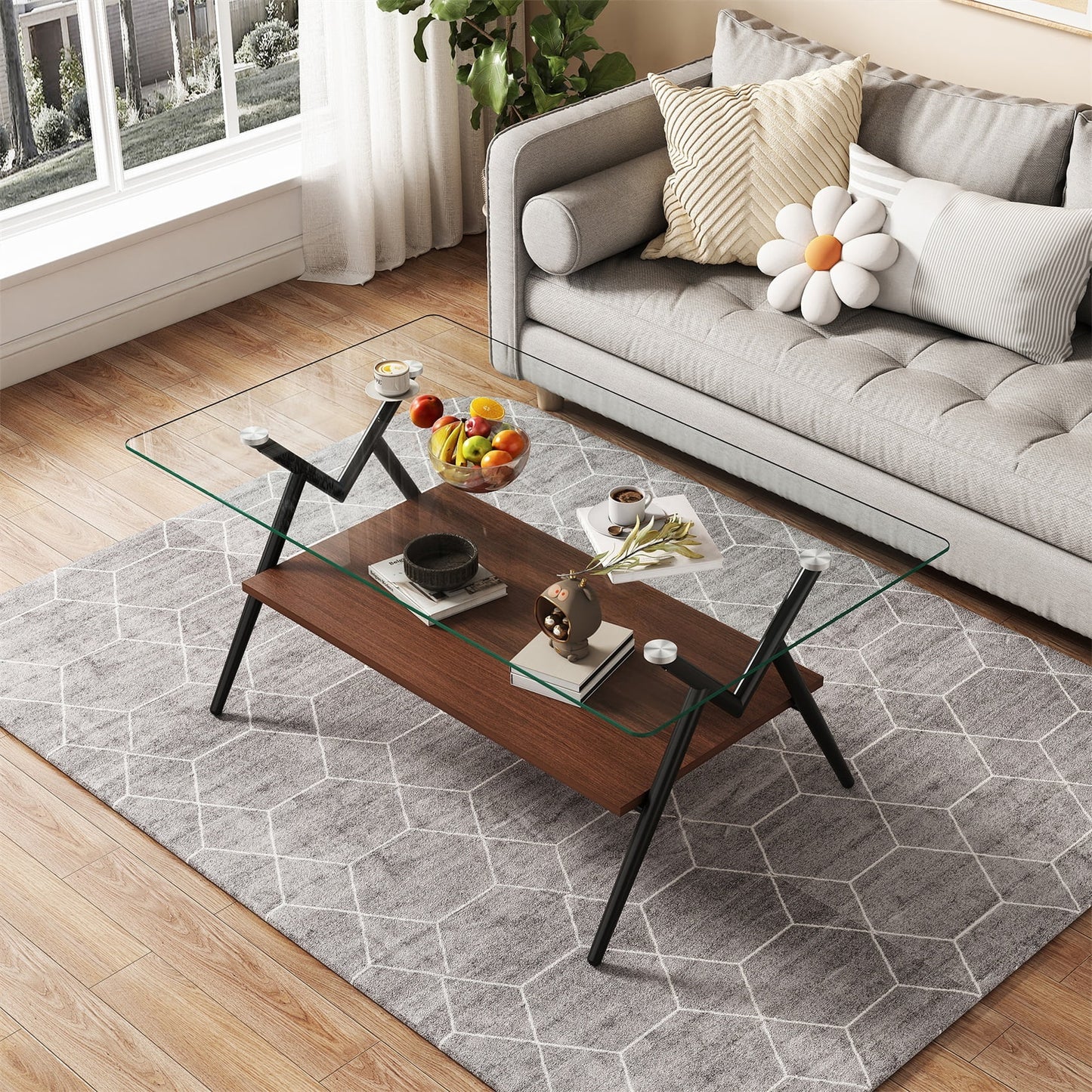 Alvantor Mesa de Centro Rectangular con Patas de Metal y Cubierta de Vidrio Templado, 38.6 Pulgadas, Negro