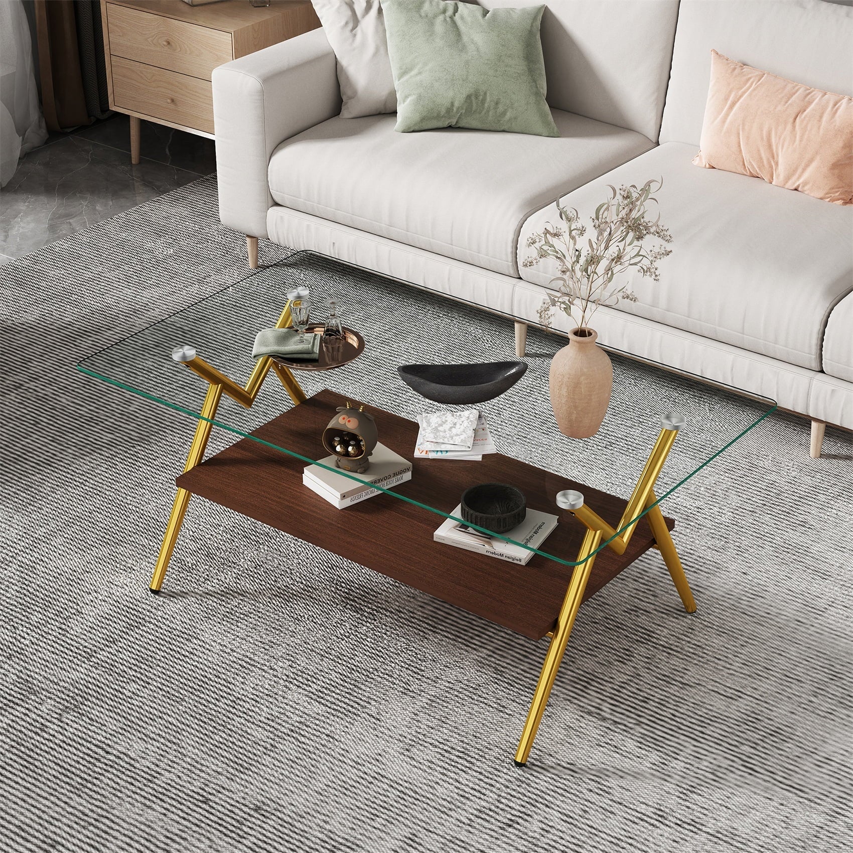 Alvantor Glass Coffee Table, 38.6" Rectangular Glass Coffee Table with Clear Tempered Glass Top and Metal Legs for Living Room White