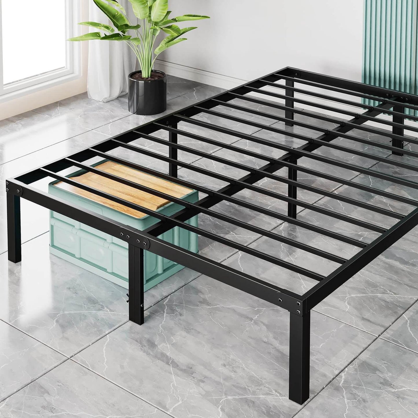 Alvantor Base de Cama de Metal Resistente TamaÃ±o Queen con Soporte de Listones de Acero y Almacenamiento, Negro