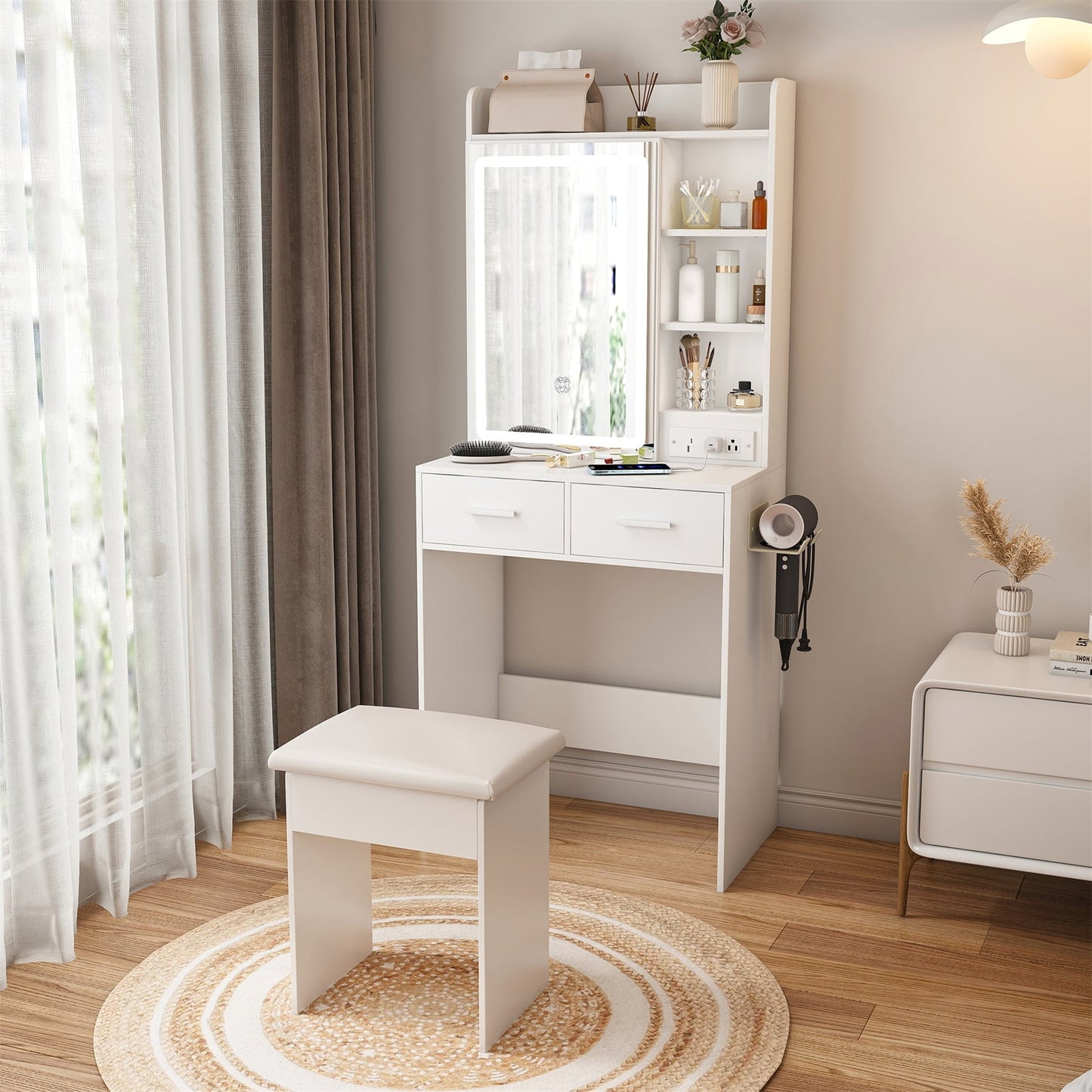Alvantor Makeup Vanity Desk Set with Mirror & Lights, Built-in Power Outlet & Hidden Storage, White Vanity for Small Bedrooms
