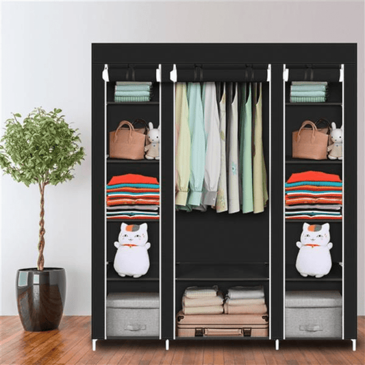 Alvantor Portable Closet Wardrobe 12-shelf Fabric Clothes Storage Organizer with Zippered Dustproof Cover Hanging Rod 58 x 17 x 69 in Black