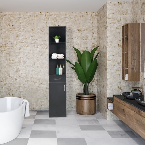 Alvantor Slim Black Bathroom Storage Cabinet with Drawer and Open Shelves, 13x11x70 Inches