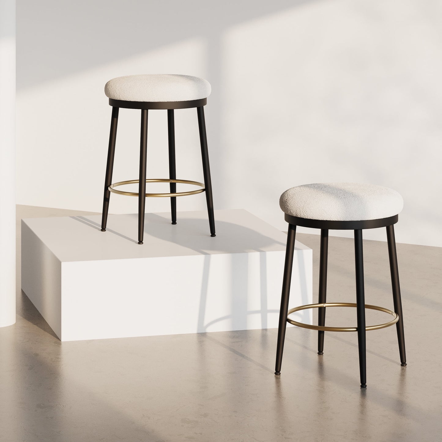 Alvara 24.75" Seat Height Upholstered Counter Stools with Footrest, White + Black + Gold, Set of 2