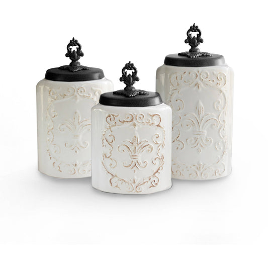 American Atelier, Round, White Antique Ceramic Kitchen Canister Set of 3, 60.5oz, 74.5oz, 84.5oz