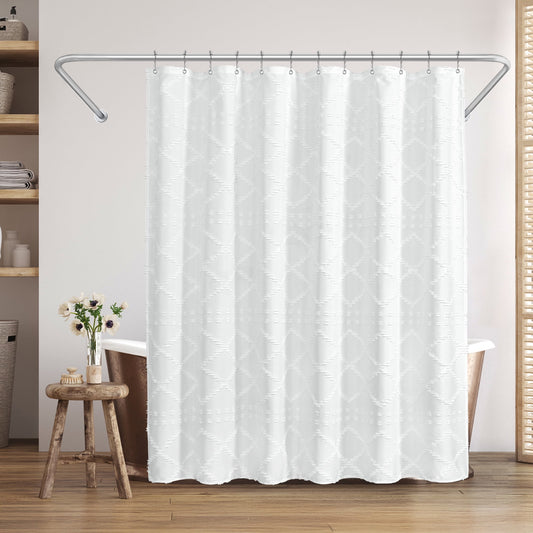 Americanflat 71x71 White Woven Shower Curtain with Tassel And Abstract Accents - Includes 12 Grommets and Hooks - 100% Polyester