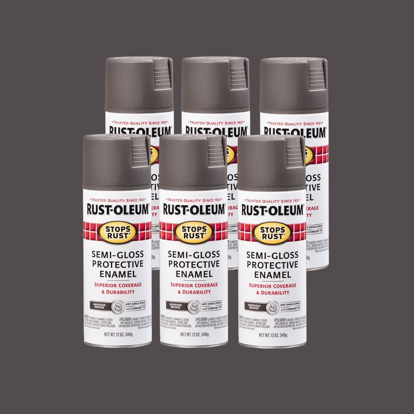 6 Pack, Anodized Bronze, Rust-Oleum Stops Rust Semi-Gloss Protective Enamel Spray Paint-7754830, 12 oz