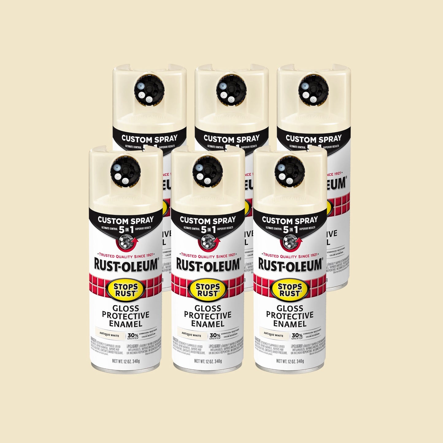 Paquete de 6, Blanco Antiguo, Rust-Oleum Detiene el Ã“xido Aerosol Personalizado 5 en 1 Pintura en Aerosol Brillante-376887, 12 oz
