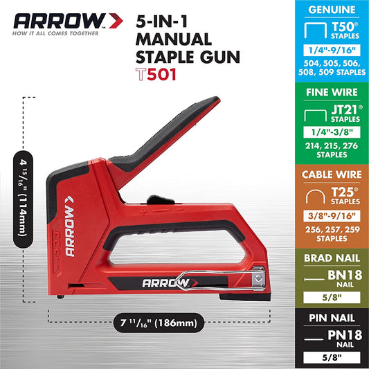 Arrow T501 5-in-1 Manual Staple Gun, T501