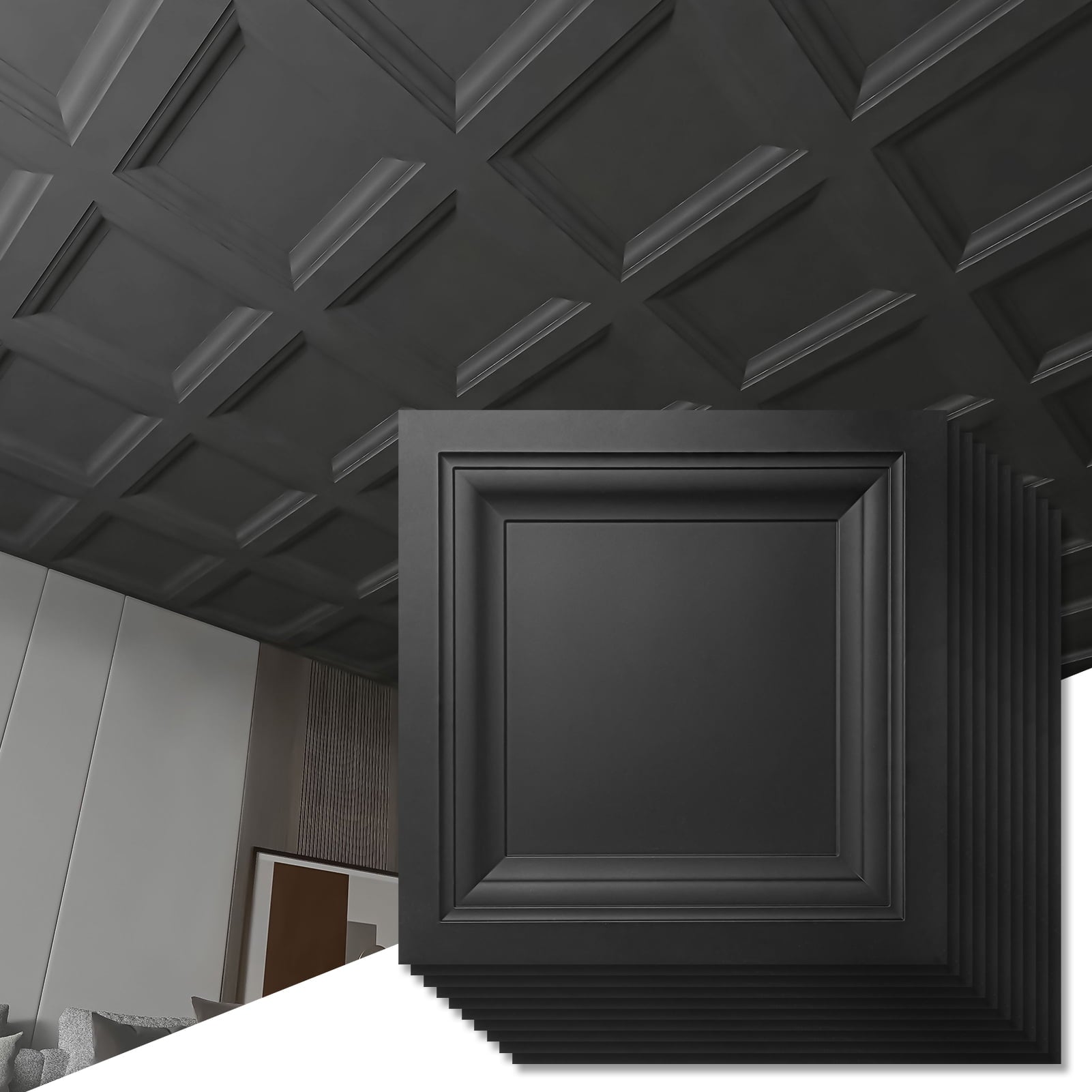 Art3d 2ft x 2ft Drop in Ceiling Tile,12-Pack Black PVC Ceiling Panel for Home DÃ©cor,48 Sqft