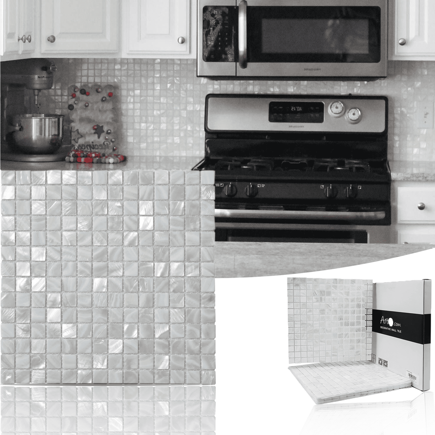 Art3d White Square with Seams 12 in. x 12 in. Mother of Peral Tile (10-Pack)