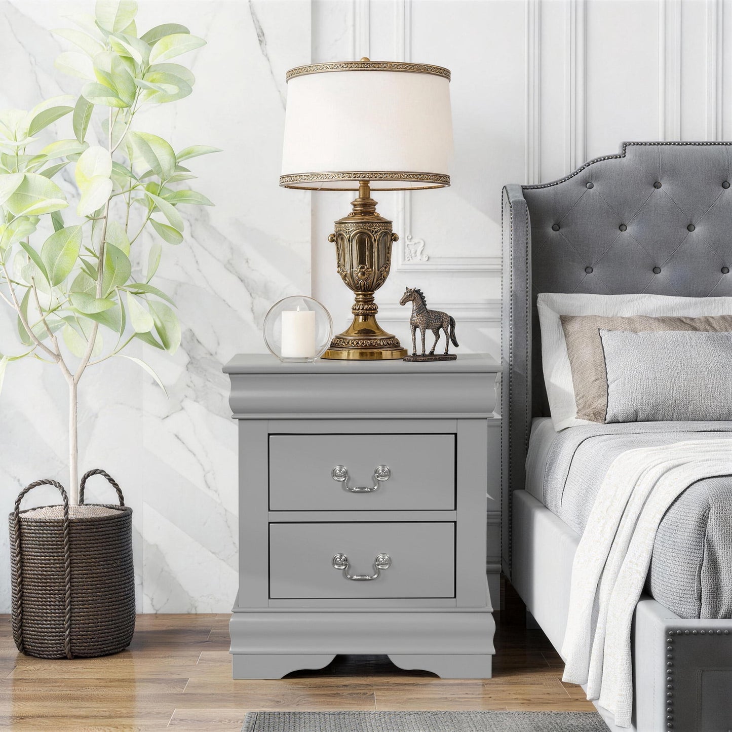 Aukfa 2-Drawer Nightstand, Mid-Century Modern Wood Bedside Table for Bedroom/Living Room/Guest Room,Gray