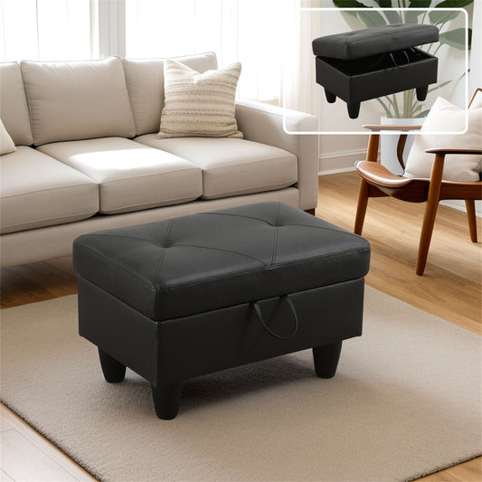 Aukfa 29" Storage Ottoman Bench for Sectional Sofa for Home Office, Lift Top , Leather, Black
