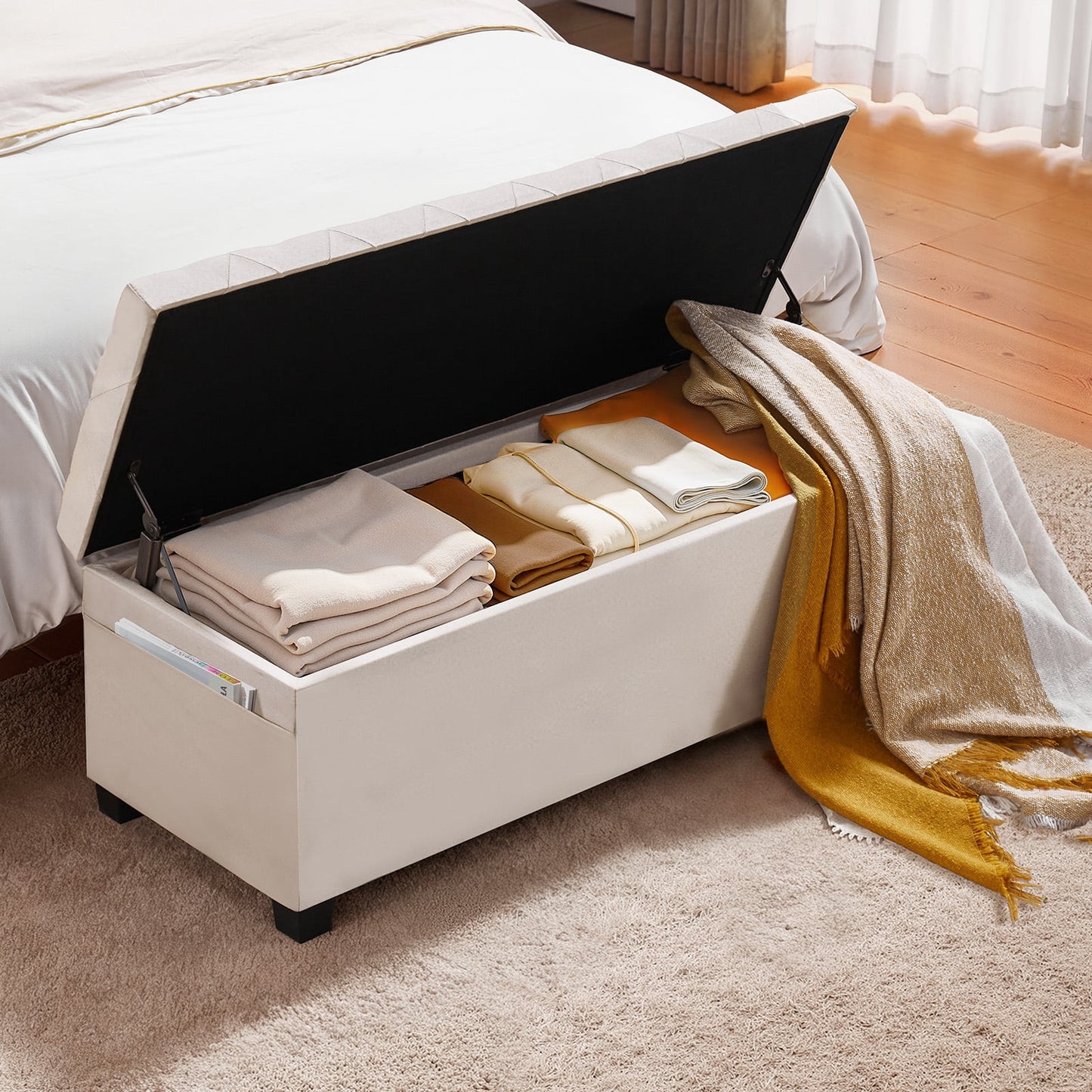 Aukfa 47" Storage Ottoman Bench with Gold Legs, PU End of Bed Bench for Bedroom & Entryway,Beige