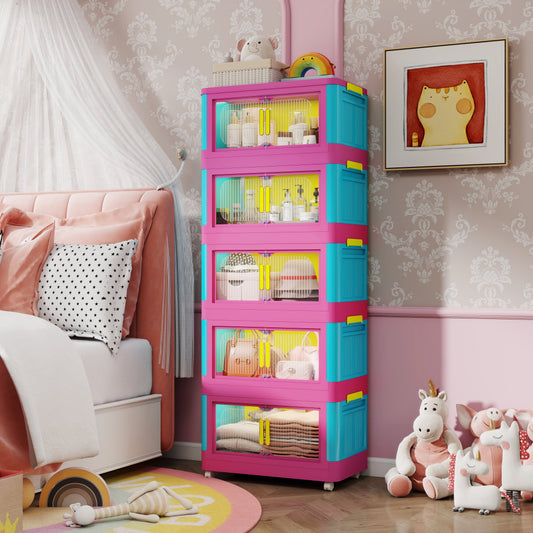 Aukfa 4 Tier Collapsible Storage Bins,20" Side Plastic Storage Cabinet with Wheels,Pink