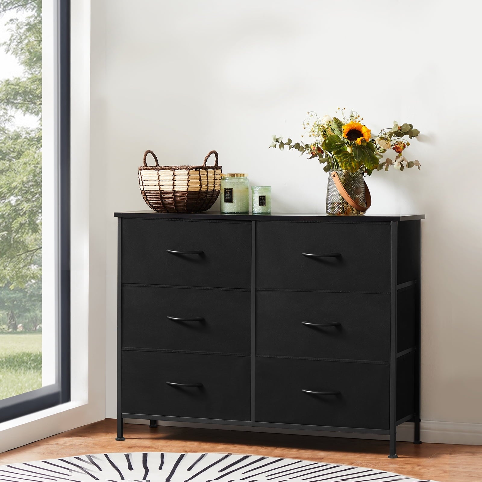 Aukfa 6 Drawer Dresser,Wide Chest of Drawers for Bedroom with Metal Frame for TV,Black