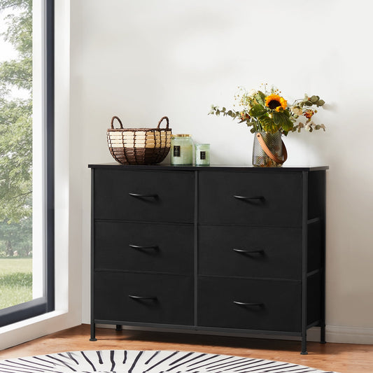 Aukfa 6 Drawer Dresser,Wide Chest of Drawers for Bedroom with Metal Frame for TV,Black