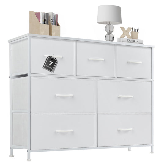 Aukfa 7 Drawer Dresser,Tall Fabric Dresser & Chest of Drawers for Bedroom,Metal Frame,White
